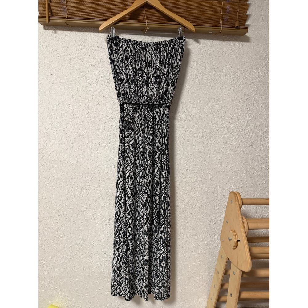 Beach Break strapless long romper with a black and white geometric/tribal print